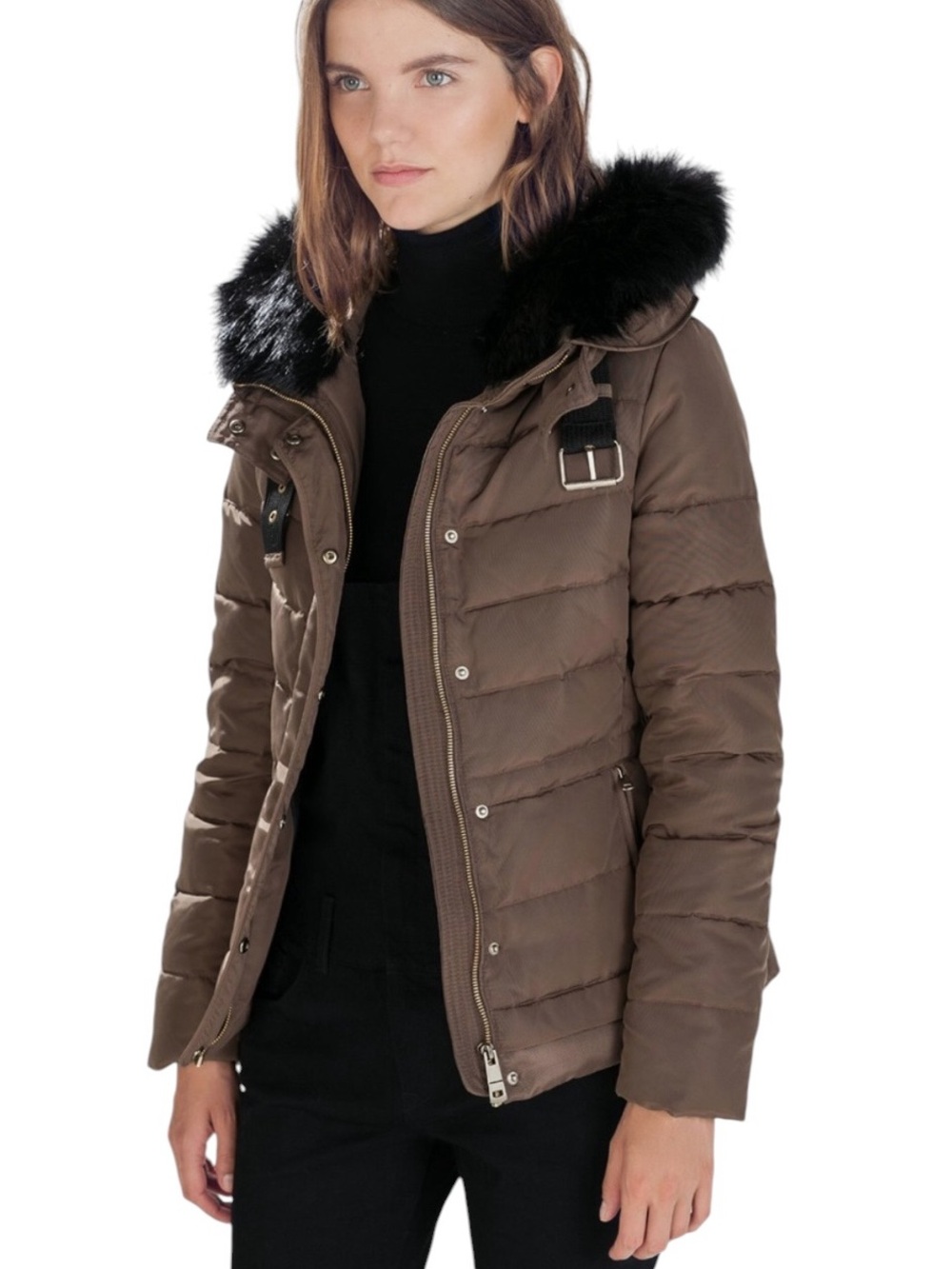 Zara Olive Brown Black Faux Fur Hoodie Down Feather Quilted Puffer Jacket - L
